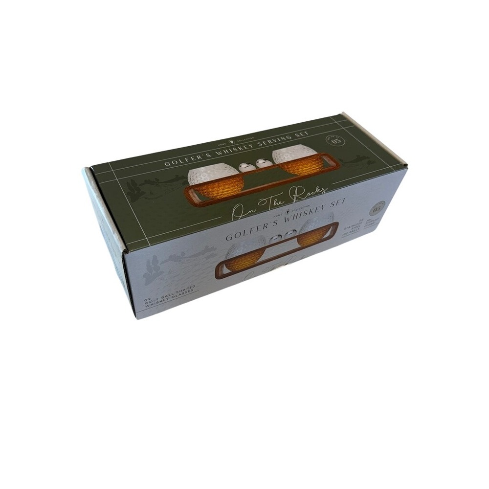 Home Collection Golfer's Whiskey Serving Set 5pc Glass Steel Ice Balls Wood Base